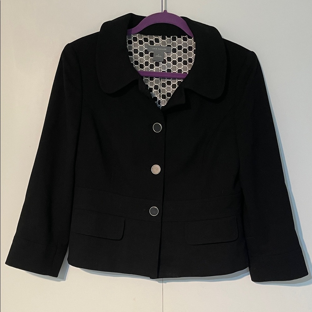 Ann Taylor Black Blazer with Geometric Lining